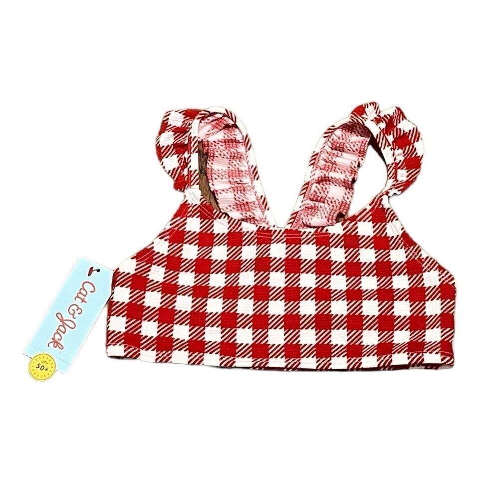 NWT Cat & Jack Red And White Plaid Ruffled‎ Swim Top, Size S (6/6X)